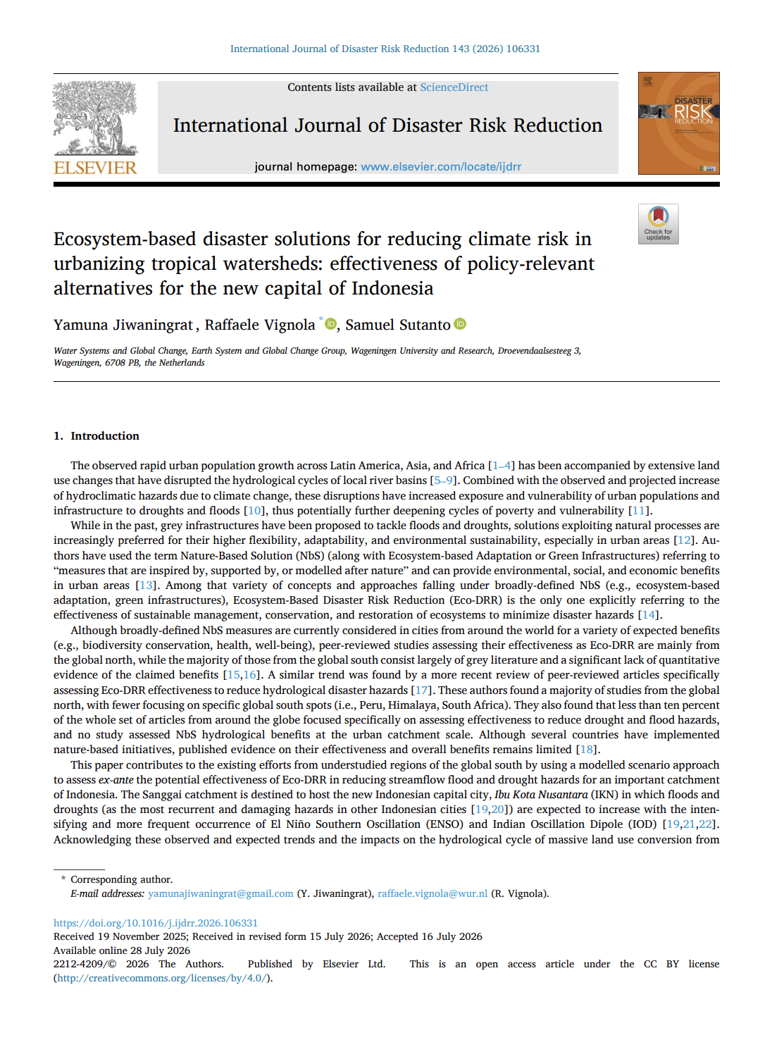 Ecosystem-based Disaster Solutions for Reducing Climate Risk in Urbanizing Tropical Watersheds: Effectiveness of Policy-relevant Alternatives for the New Capital of Indonesia